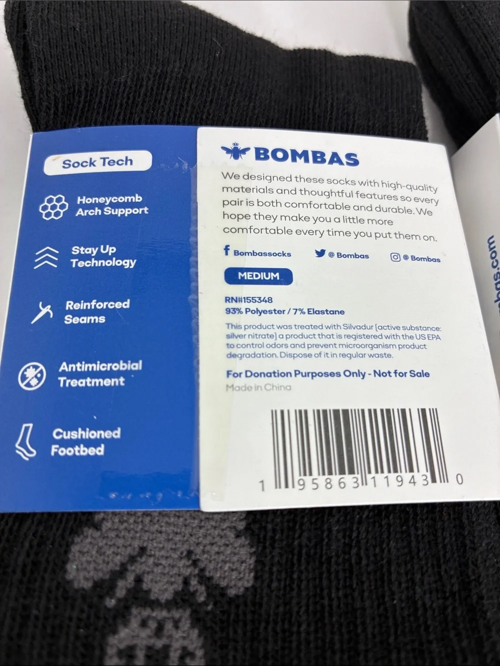 New 3 Pairs of BOMBAS Crew Socks Med. Men's US Shoe Size 6-9 Lot Honeycomb Arch